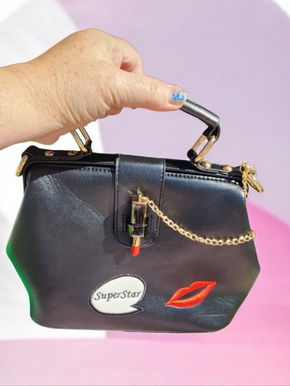 Black   Top-Handle Bag with Lip Patch ■ Vintage ● NWNT